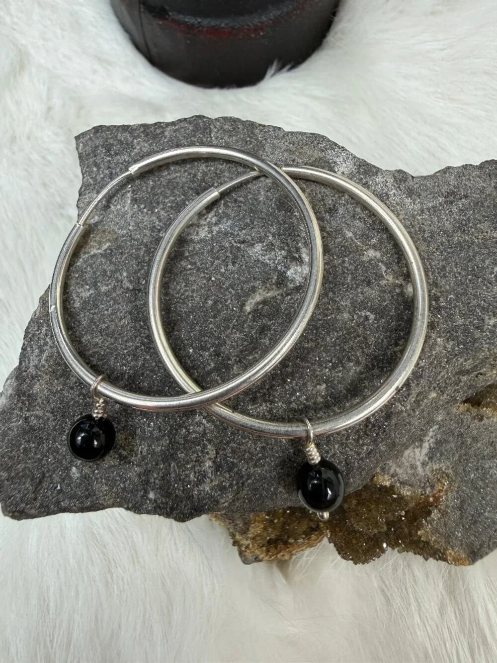 Sterling Silver Hoop Earrings w/ Black Onyx Dangle Bead 1.75